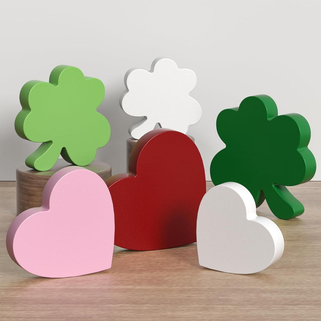 Valentine's Day/ St. Patrick's Day Decorations Tiered Tray Decor, 6 Pcs Heart and Shamrock Wooden Signs Table Decor for Home Kitchen Office