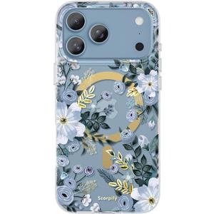 SCORPIFY for iPhone 17 Pro Case [Compatible with MagSafe] with Blue Nemophila Floral Design, Cute Clear Flower Magnetic Phone Cover for Women Girls,[Non Yellowing] Slim Bumper with Gold Accents