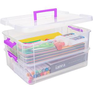 TERGOO 2 Layer Plastic Storage Containers with Lids, Multipurpose Clear Stack & Carry Box, Portable Craft Organizers and Storage Bin for Organizing Art & Craft, Sewing, Makeup, Nail Supplies (Purple)