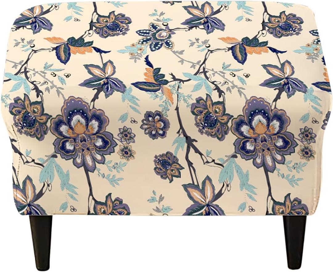 Ottoman Covers, Stretch Folding Storage Stool Slipcover Furniture Protector, Rectangle Bench Footstool Cover with Elastic Bottom, Soft Jacquard Fabric Removable Washable, Large