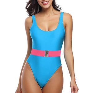 MIAIULIA Women's Retro 80s/ 90s Inspired High Cut Low Back Padding One Piece Swimwear Bathing Suits Belt Blue S