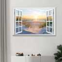 Beach Sunset Picture Wall Art Fake Open Window Ocean Natural Scene on Canvas Prints for Yellow Home Decor 36 x 24