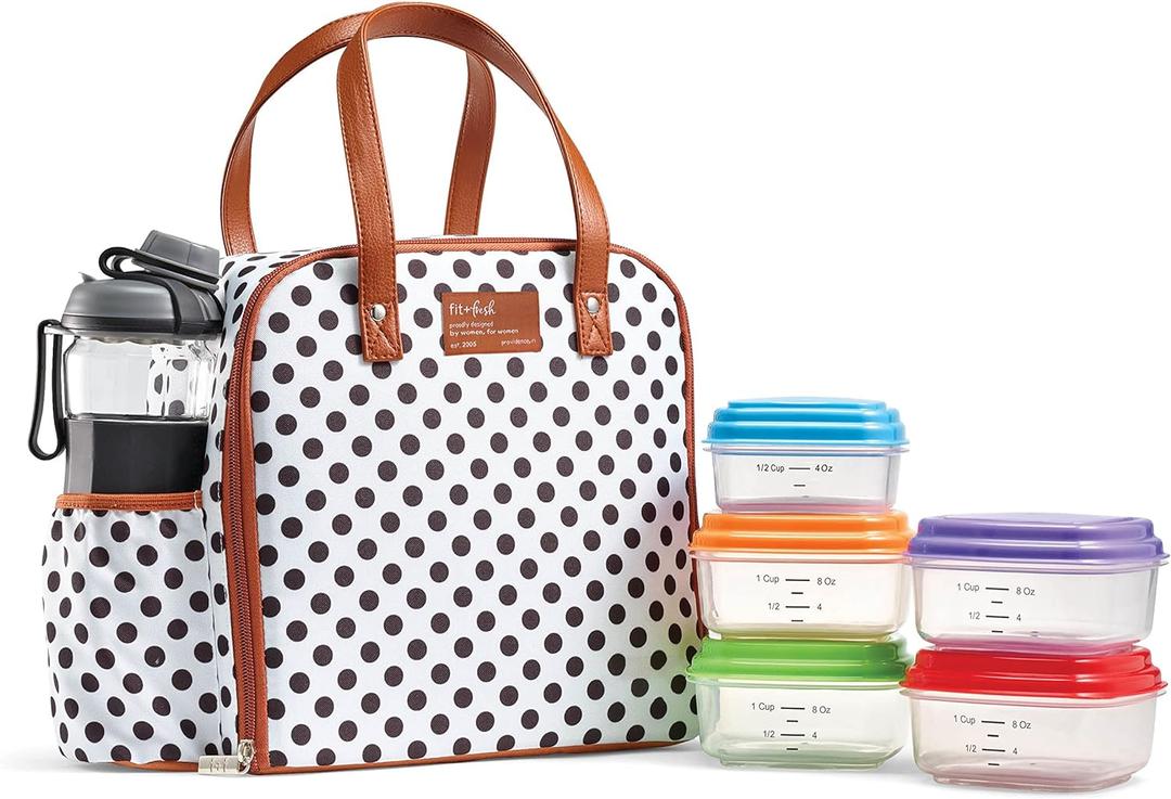 Fit & Fresh Lunch Bag For Women, Insulated Womens Lunch Bag For Work, Leakproof & Stain-Resistant Large Lunch Box For Women With Containers and Bottle, Zipper Closure Wichita Bag White Dot