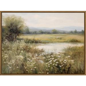 Vintage Landscape Wall Art Spring Wildflower Field Pictures Wall Decor Rustic River Pond Painting Prints Nature Wilderness Scenery Poster Framed for Bedroom Bathroom Home Kitchen Decoration 12x16 Inch