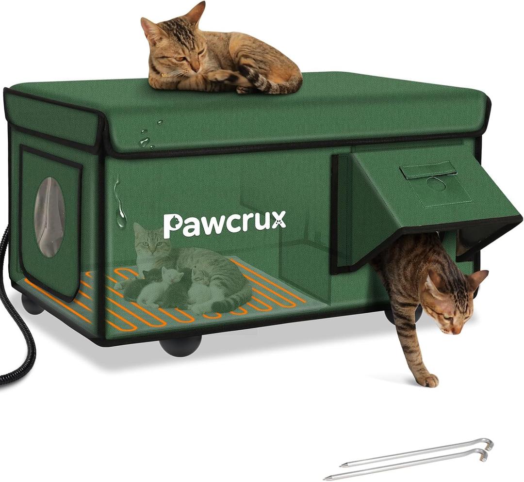 Weatherproof Heated Cat House for Outdoor in Winter, Heated Cat Bed Kitty Shelter with Cat Heating Pad, Insulated & Safe Escape Door, Warm Home for Outside Stray Cat, 16"x26"x14