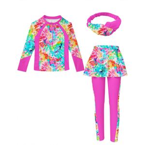 Girls Long Sleeve Rashguard Half Zip Swimsuits UPF 50+ Two Piece Swim Sets with Hairband 5-12Y (5-6 Years, B1-tiedye 03)