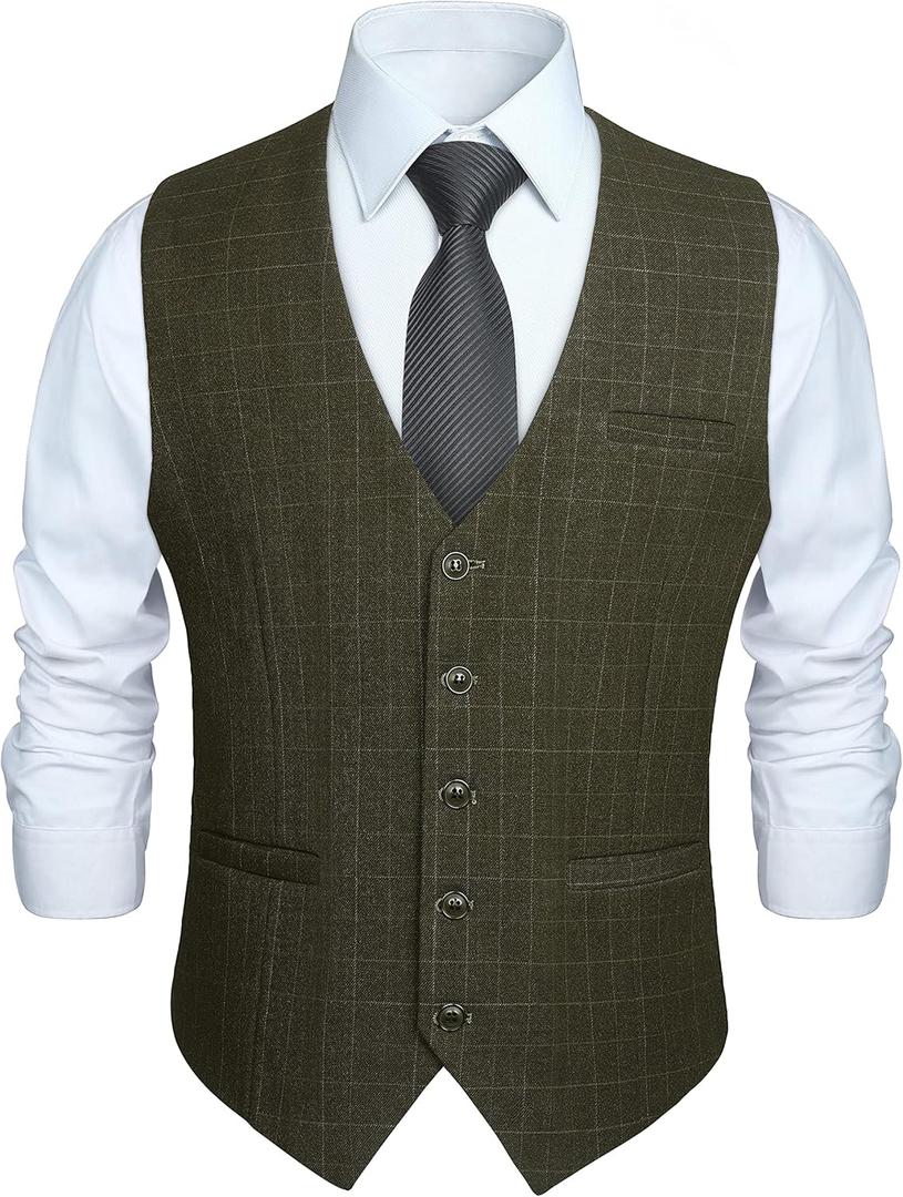 HISDERN Men's Suit Vest Plaid Dress Vest for Men Slim Fit Formal Business Waistcoat Tuxedo V-Neck Solid Vest for Wedding (Medium)