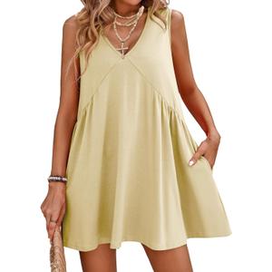 Women's Summer V Neck Sleeveless Mini Dress Casual Loose Pleated Swing Flowy Sundress with Pockets Creamy White (White, Medium)