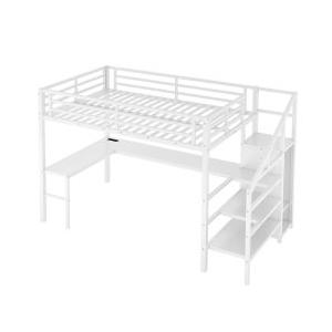 Full Size Loft Bed with L-shaped Desk and USB, Metal Loft Bed with Wardrobe and Adjustable Shelf, High Loft Bed with LED for Kids Teens Adults, White