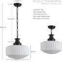 Vintage Ribbed Milk Glass Pendant Light Fixture, Mid‑Century Modern Chandelier, Antique Schoolhouse Pendant Lights for Kitchen Island, Dining Room, Entryway, Hallway, E26 Base,Matt Black