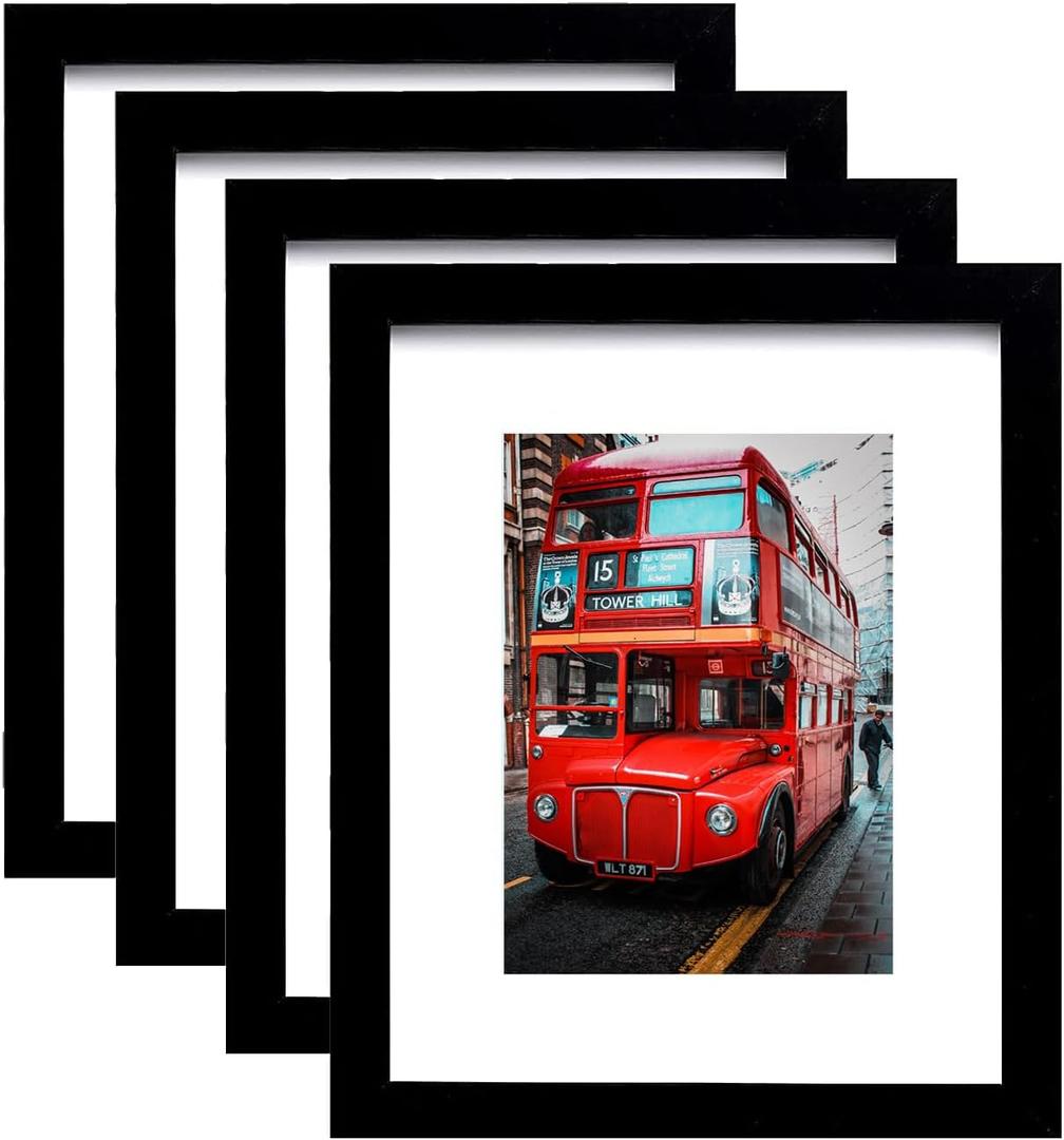 8x10 Picture Frame Set of 4,Black Photo Frame with Mat Display Pictures 5x7 or 8x10 Without Mat,PVC Glass,for Wall Home Office Dcor