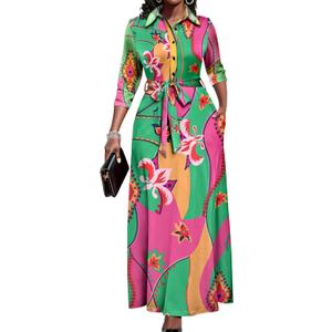 Runwind Women Church Maxi Dresses 3/4 Sleeve Button Down Print Casual Office Dress African (D-green Flower), XL