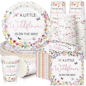 Hushee 200 Pcs Baby in Bloom Baby Shower Paper Plates Napkins Cups Wildflower Party Supplies Tableware Set a Little Wildflower Is on The Way Disposable Plates for 50 Guest Spring Summer Party Decor