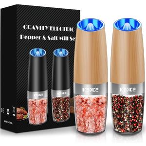 XinXu Gravity Electric Pepper Grinder, Salt or Pepper Mill & Adjustable Coarseness, with LED Light, One Hand Automatic Operation (Set/WoodGrain)