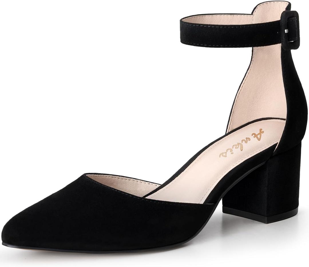 Ankis Closed Toe Heels for Women, 2.25 Inch Low Block Chunky Dress Pumps | Black Nude White Gold Silver Pointed Toe Design, Soft Insole, Adjustable Ankle Strap, Classic Versatile, For Formal Daily, 6.5