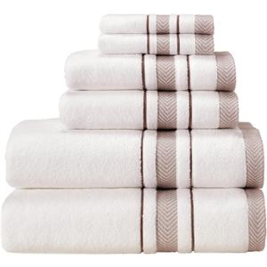 Bath Towel Set, White Towel For Bathroom, Luxury Hotel &Spa Quality, 100% Cotton, Includes 2 Large Bath Towels, 2 Hand Towels and 2 Washcloths, Super Soft, Absorbent & Decorative (White/Brown)