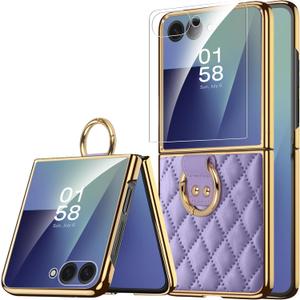 Miimall for Samsung Z Flip 7 Case with Ring & Screen Protector, Shock Proof Dust Proof Non-Slip Dropproof Lightweight Hard Women Rugged Full Body Cell Phone Case for Galaxy Flip 7 2025 Cover, Purple