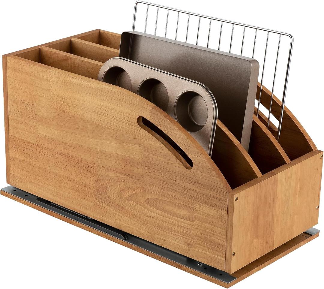 DINDON Pull Out Cabinet Organizer for Pans, Pot lid, Cookie Sheet, Cutting Board, Baking Tray, Slide Out Kitchen Cabinet Storage Organizer, 10.5''W X 21"D X 10.6"H, Wood