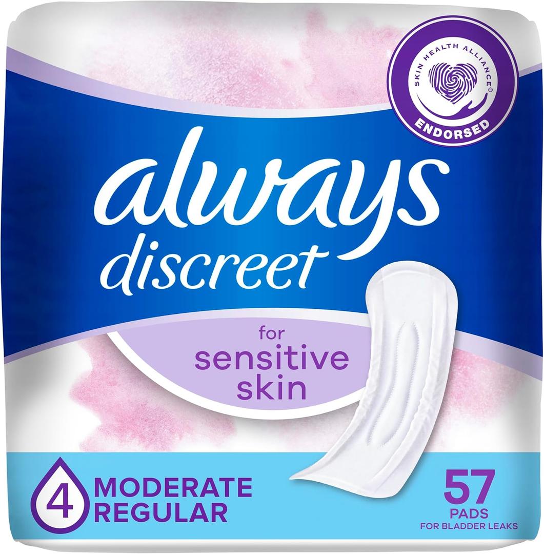 Always Discreet Incontinence Pads for Women with Bladder Leaks, Sensitive Skin Pads Moderate Absorbency, Regular Length, 57 Count (Regular (Size 4))