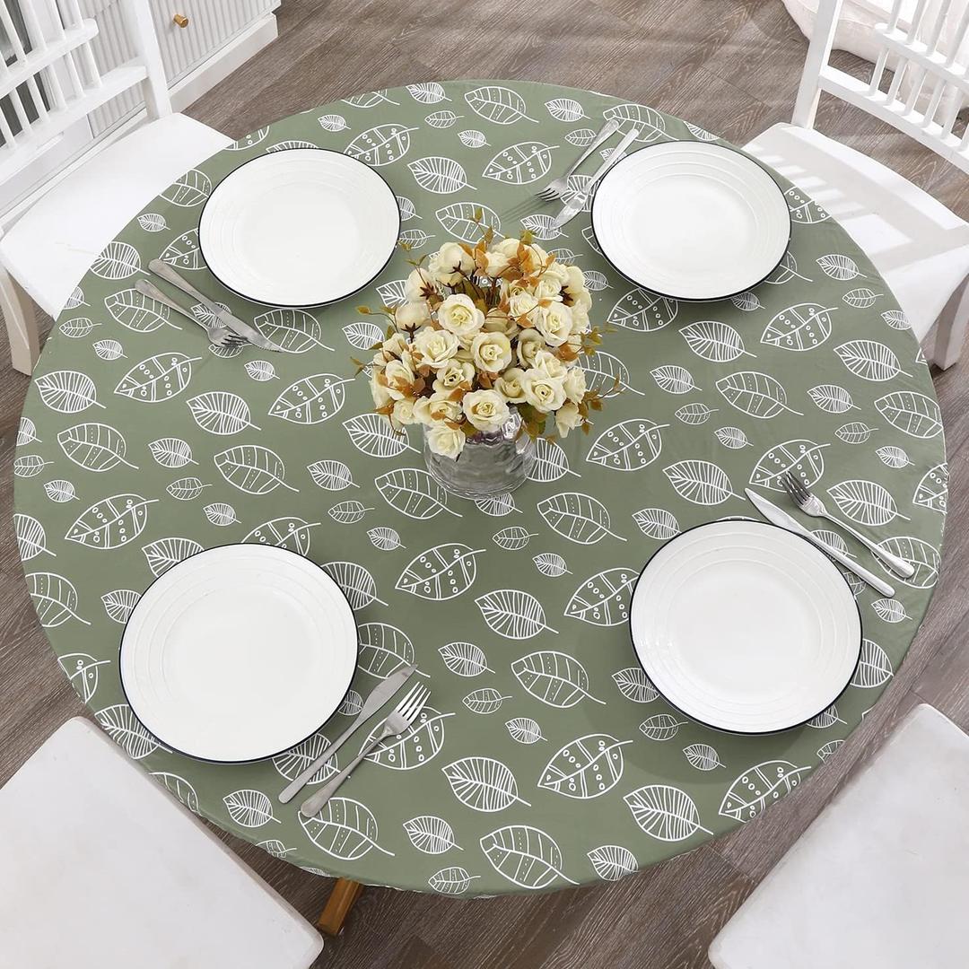 Round Vinyl Fitted Tablecloth with Flannel Backing Elastic Edge Design Table Cover Waterproof Oil-Proof PVC Table Cloth Stain-Resistant Best for 45"-56" Round (Leaves)