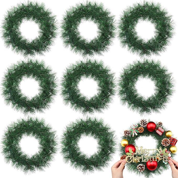Zeyune Christmas DIY Green Wreath 14 Inch Artificial Christmas Wreaths Faux Plain Wreaths for Decorating Front Door Window Room Farmhouse Xmas Party Indoor Outdoor(Pine Needle,8 Pcs)