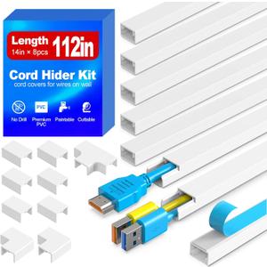 112in Cord Hider Kit, Cord Covers for Wires on Wall, Premium One-Cord Cable Hider, Paintable Cable Raceways, Self-Adhesive Wire hiders for TV, 8L14inW0.59inH0.4in, White