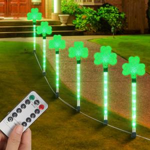 YUNVI 6 Pack St. Patrick's Pathway Light,8 Modes Green Shamrocks Stake Lights with Timer,LEDs Shamrock String Lights St. Patrick's Day Decoration Light for Backyard Lawn Garden Party