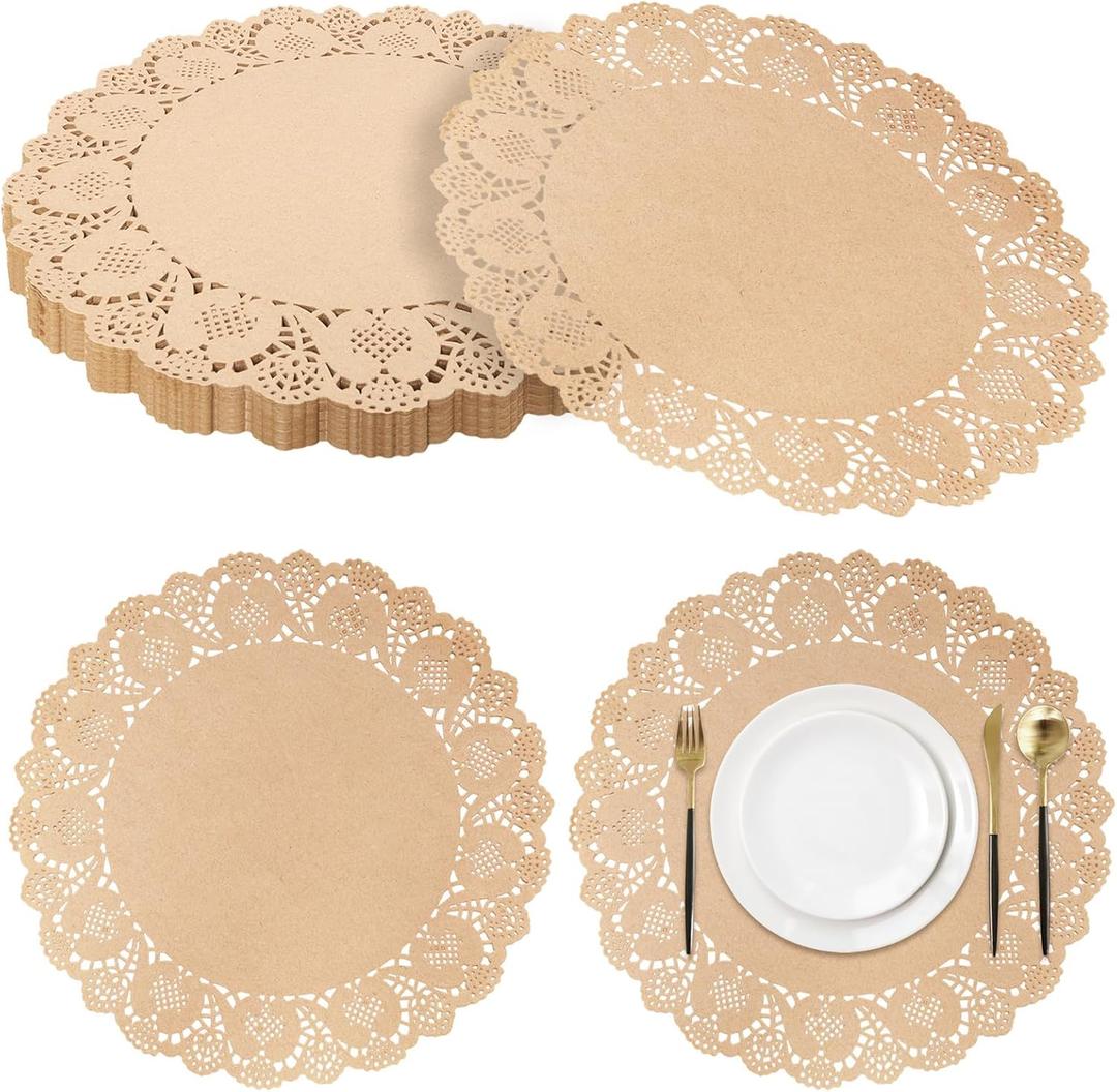 100 Pieces Round Kraft Paper Doilies 13.5 Inches Lace Papers Doilies Disposable Decorative Place Mats Table Pads for Food Cakes Crafts Party Weddings Tableware Decor (Brown)