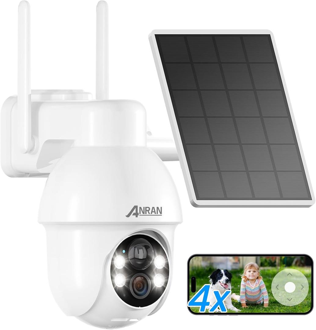 ANRAN Solar Camera Security Outdoor, True Wireless 2.4GHz WiFi Camera for Home Security with Solar Panel, 360 Panoramic View, PIR Motion Detection, 2K Color Night Vision, Compatible with Alexa (2K White-1 Pcs)
