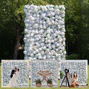 Flower Wall Backdrop, Artificial Floral Gorgeous 5D Silk Luxury Floral Backdrop Decor for Wedding Celebrations, Festive Party and Home Decorating, Quick Assembly and Storage, 4ftx8ft, White Rose.