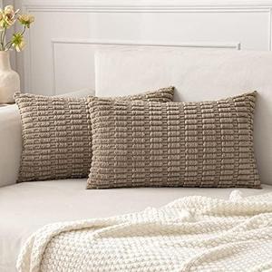 MIULEE Pack of 2 Corduroy Decorative Lumbar Throw Pillow Covers 22x14 Inch Soft Boho Striped Pillow Covers Modern Farmhouse Home Decor for Sofa Living Room Couch Bed Light Brown