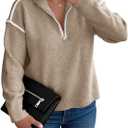 Saodimallsu Womens Quarter Zip Pullover Sweaters Casual Collared V Neck Color Block Long Sleeve Loose Knit Fall Sweater (Small, Khaki)