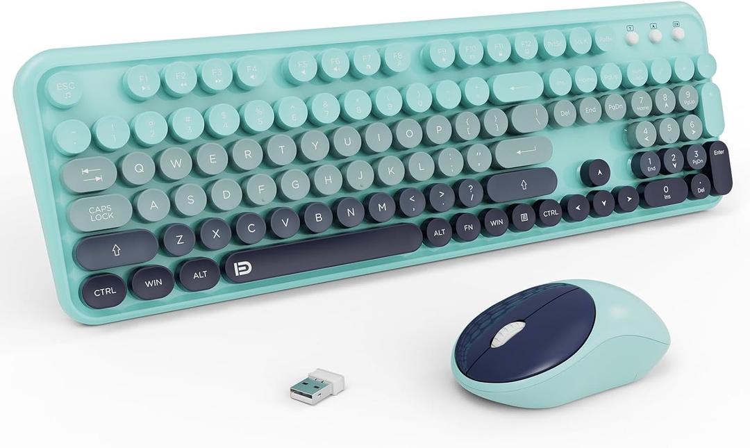 Wireless Keyboards Mouse Combos, Colorful Cute Typewriter Full-Size Retro Round Keycaps, 2.4GHz Cordless Connection Sleep Mode Office Wireless Keyboard and Mouse Set for Desktop Laptop PC Computer (105 Keys Indigo Blue Colorful)