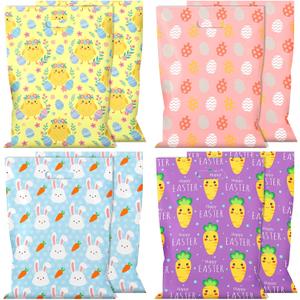 Eaasty 48 Pieces Large Plastic Easter Gift Bags Bulk 16 x 12 Inch Easter Treat Candy Goodie Bags with Eggs Rabbit Carrot Chicken Patterns for Holiday Party Favor Gift Giving