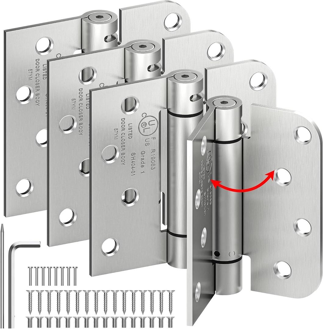 4-Pack Self Closing Door Hinges, 4 Inch Spring Loaded Hinges with Square & 5/8'' Radius Corners, Adjustable Tension for Garage, Front Back Door,Left Right Hand Door,UL Listed,Brushed Nickel