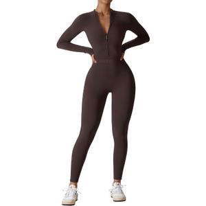 YEOREO Women Long Sleeve Workout Jumpsuit Zip Up Romper Bottom Pants Bodysuit Bodycon Sexy One Piece, XL