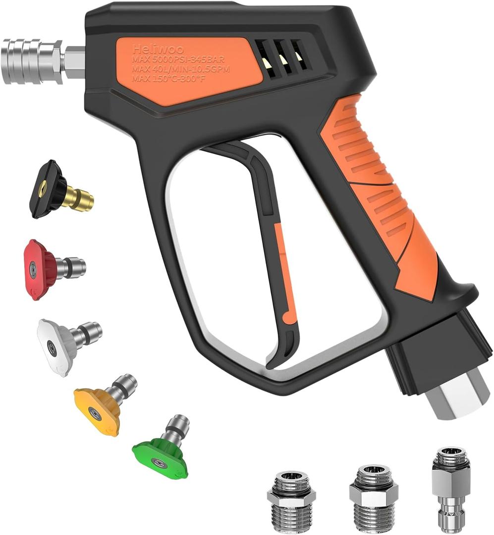 Pressure Washer Gun, 5000 PSI / 10.5 GPM with 3/8" Swivel Plug & M22-14mm/15mm Fittings, 5 Nozzle Tips, Suitable for Most Pressure Washers