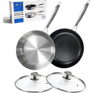 Dosun 11 Inch Stainless Steel Frying Pan Set, 2-Piece Skillet with Glass Lid - One Non-Stick Coating & One Uncoated Pan for Home Kitchen, Stovetop Compatible (Induction, Gas, Electric)