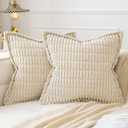 MIULEE Cream White Corduroy Decorative Throw Pillow Covers Pack of 2 Soft Striped Pillows Pillowcases with Broad Edge Modern Winter Cute Boho Home Decor for Couch Sofa Bed 18x18 Inch