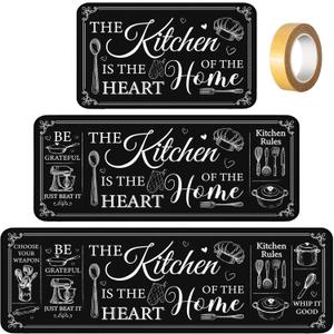 Bencailor 3 Pieces Kitchen Rugs Set Non Slip Washable Kitchen Mats Farmhouse Welcome Door Mat Floor Rugs Absorbent for Home Laundry Living Room and Hallway,3 Sizes(Classic Black)