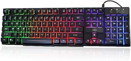 Rii RK100+ Multiple Color Rainbow LED Backlit Large Size USB Wired Mechanical Feeling Multimedia PC Gaming Keyboard,Office Keyboard for Working or Primer Gaming,Office Device