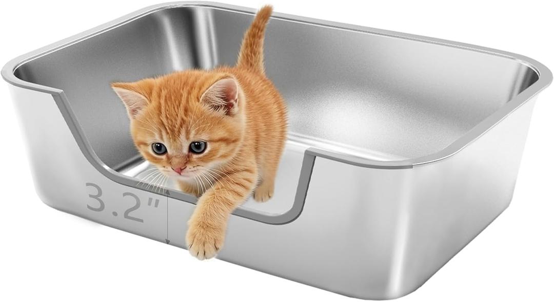 Low Entry Stainless Steel Litter Box for Small Cat, Metal Kitty Litter Boxes for Kittens Injured Cats, Shallow Litter Pan for Small & Medium Pets, Easy to Clean, Non-Stick, 17.7"Lx13.8"Wx5.9"H