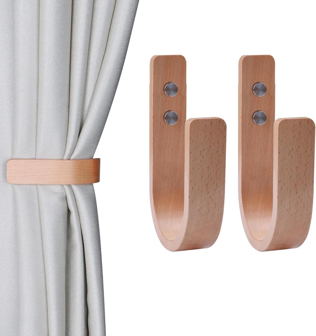 2 Pieces Curtain Tiebacks Wood Curtain Holdbacks U Shaped Curtain Hooks Curtain Tie Backs Wall Mount Curtain Holder Curtain Pull Backs Tie Backs for Curtains (Wood, 2)