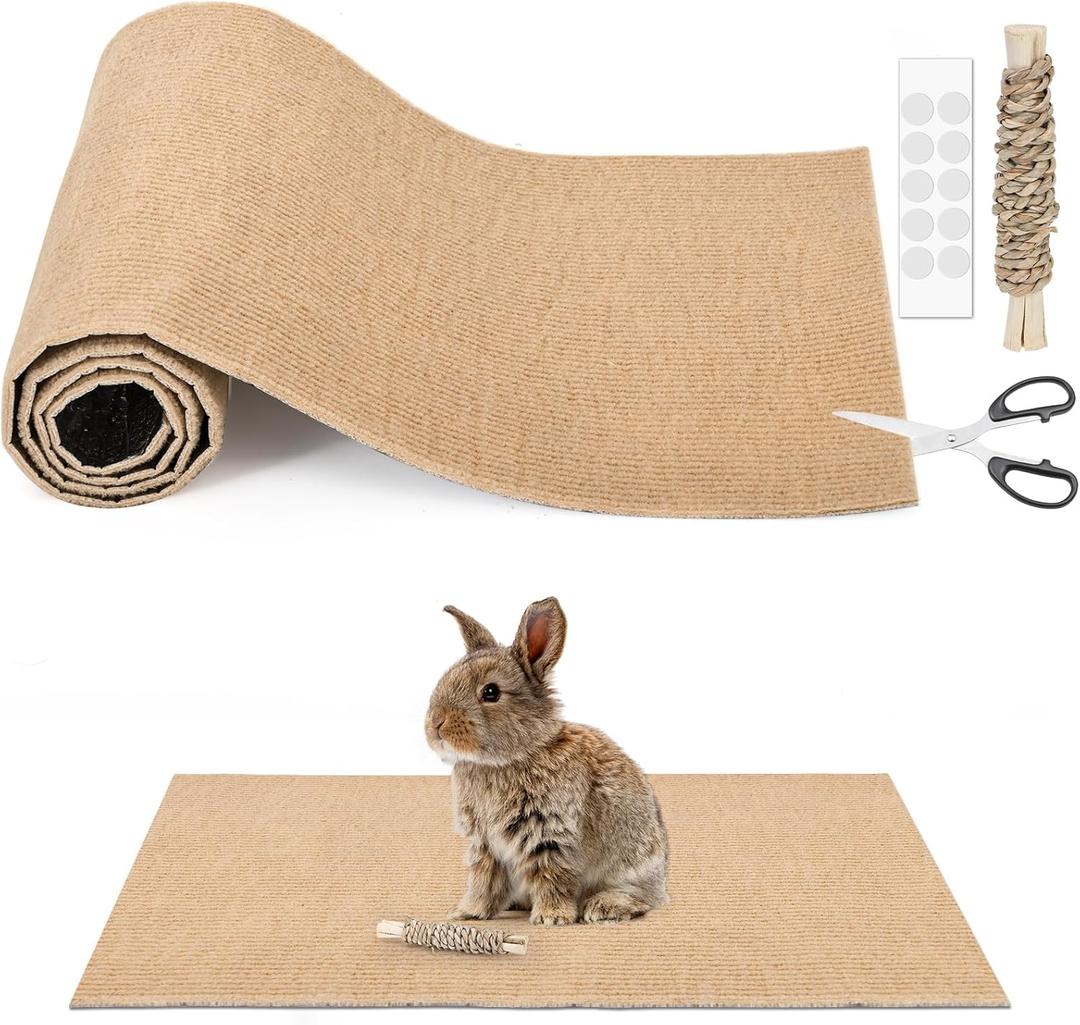 Rabbit Scratch Pad 3.28FT Self Adhesive Cuttable Rabbit Scratching Pad with Seagrass Sweet Bamboo Stick Biting Toys and Sticky Dot Stickers, Claws and Teeth Care Animal Scratching Mats for Pet Cages