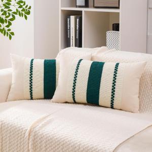 Boho Throw Pillow Covers Set of 2 Linen Farmhouse Pillow Covers 18x18,Rustic Decorative Throw Pillow Cover for Couch,Bed,Living Room (Dark Green, 12" x 20")