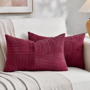 Fancy Homi 2 Packs Burgundy Lumbar Decorative Throw Pillow Covers 12x20 Inch for Living Room Couch Bed, Christmas Boho Home Decor, Soft Striped Corduroy Rectangle Accent Cushion Case 30x50 cm