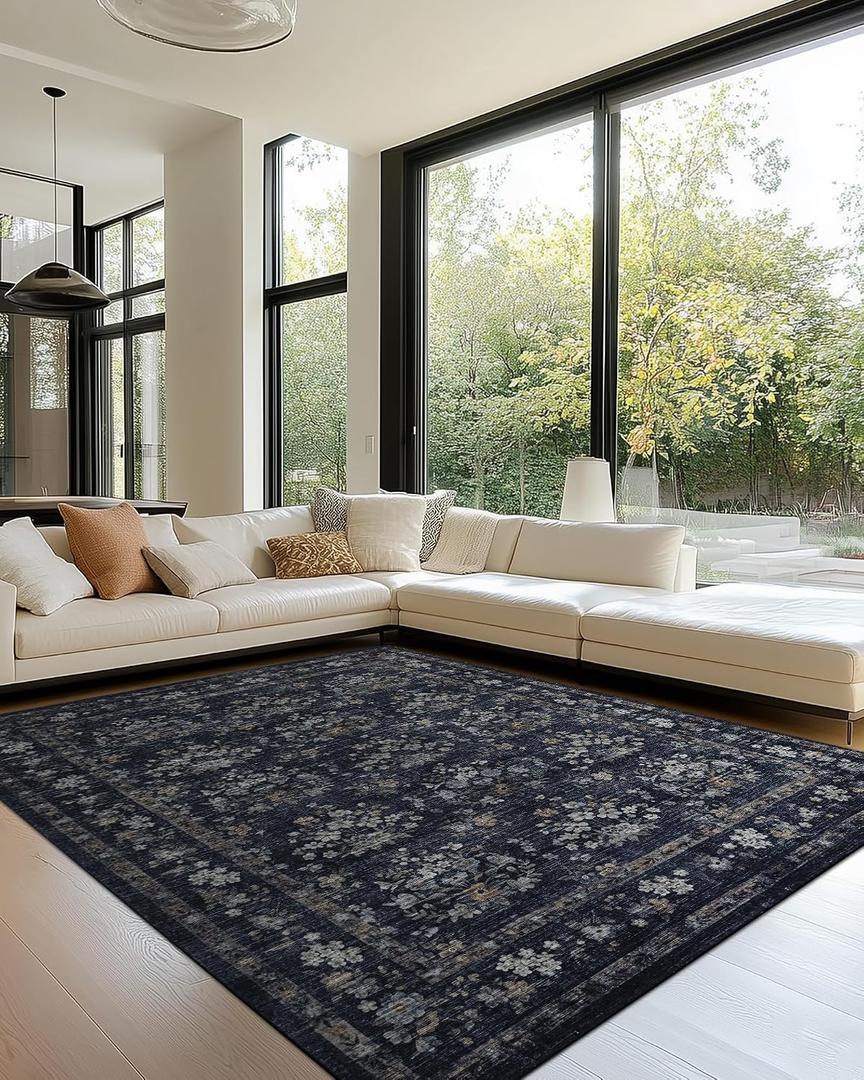 8x10 Large Washable Non-Slip Floral Area Rug(Dark Blue/Grey,8x10)