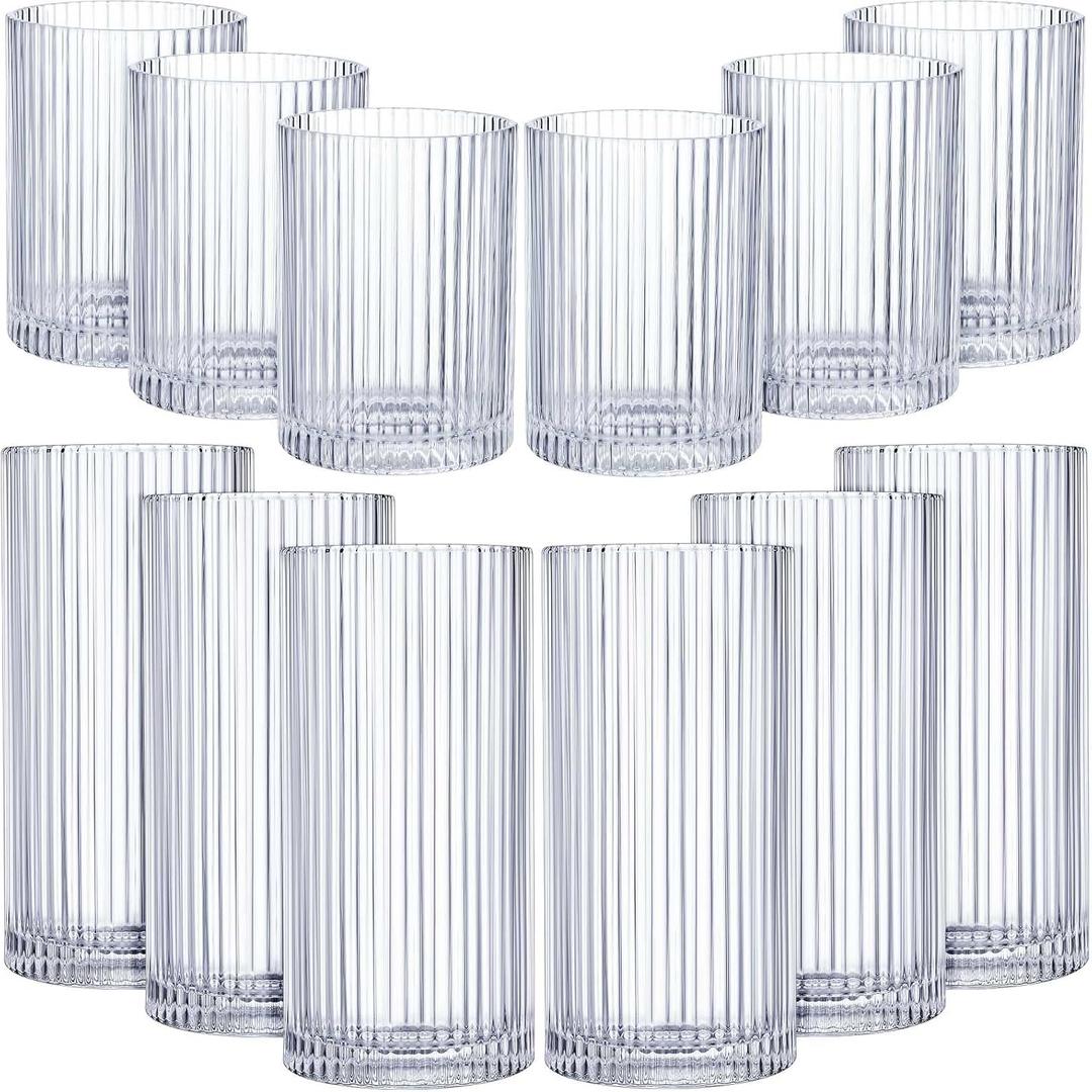 Zhehao 12 Pcs Ribbed Drinking Glasses Set 9 oz 12 oz Glass Cups Vintage Glassware Ribbed Cocktail Cup Clear Ice Coffee Highball Ripple Drinkware for Home Bar Beverages