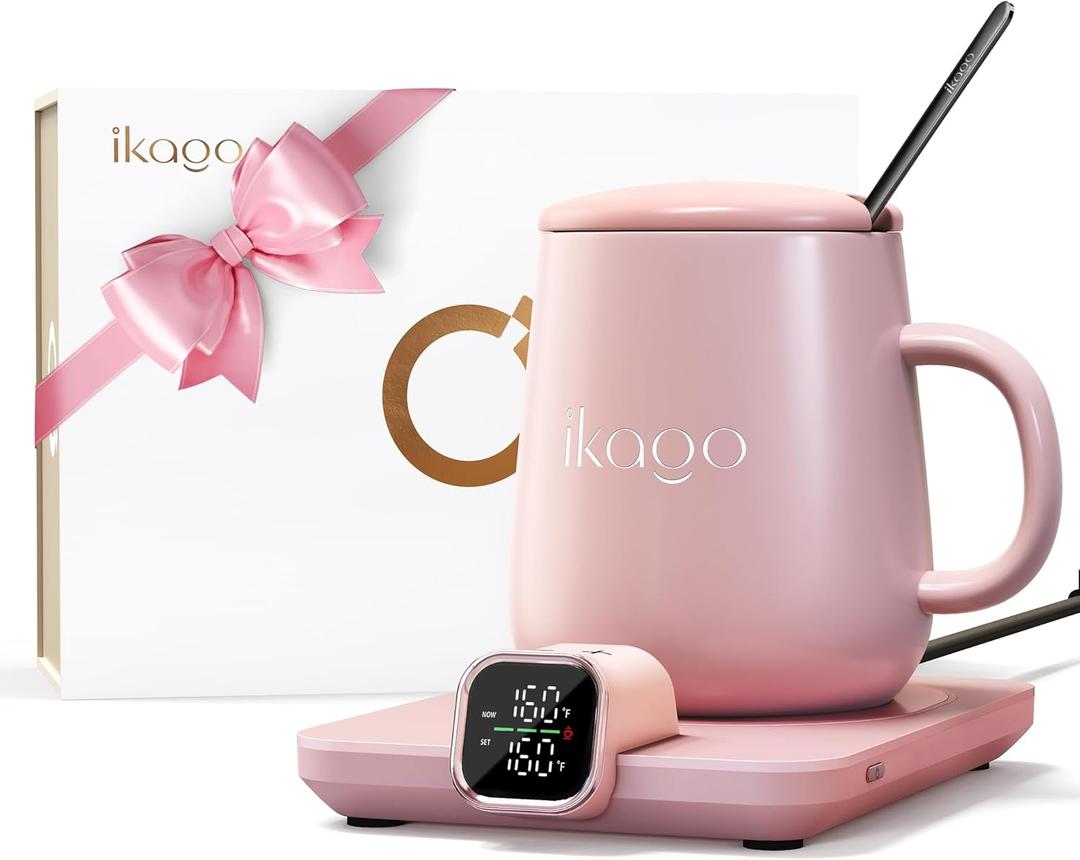Coffee Mug Warmer & iKago Mug Set, Accurate Temperature Control Smart Heated Mug for Desk, Electric Coffee Warmer with Auto Shut Off & Real-Time Temp Display, Gifts for Men Women, 15oz Ceramic Mug (Pink)
