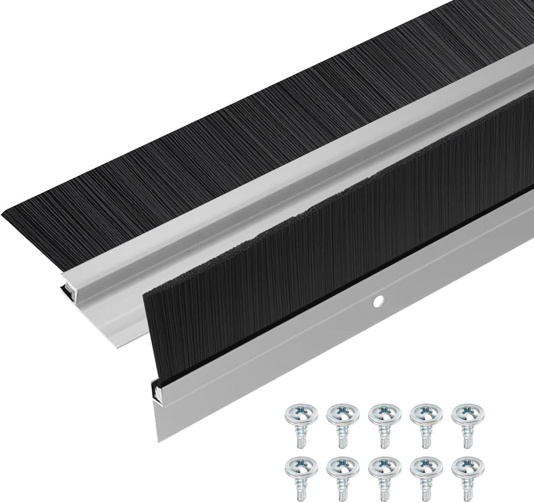 Door Brush Bottom Sweep-2 Pack Weather Stripping with 1.18 Inch Black Nylon Brush Fits for Exterior Doors and Industrial Use-1.1" Wide x 35.46" Long Aluminum Alloy Base-Silver